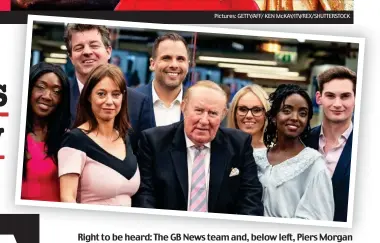  ??  ?? Right to be heard: The GB News team and, below left, Piers Morgan