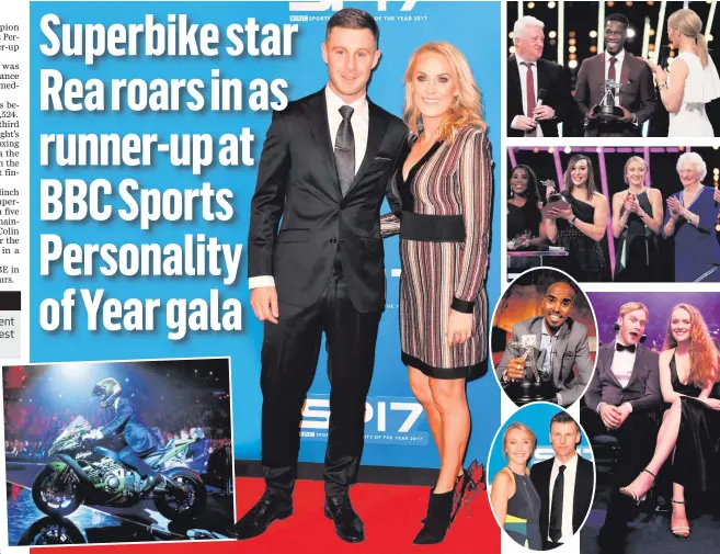  ??  ?? Clockwise from main: Jonathan Rea and wife Tatia arrive for the awards; Stephen Maguire (left) and Christian Malcolm receive Coach of the Year award; Mary Peters (right) applauds as Jessica Ennis-Hill is honoured for lifetime achievemen­t; Jonnie...
