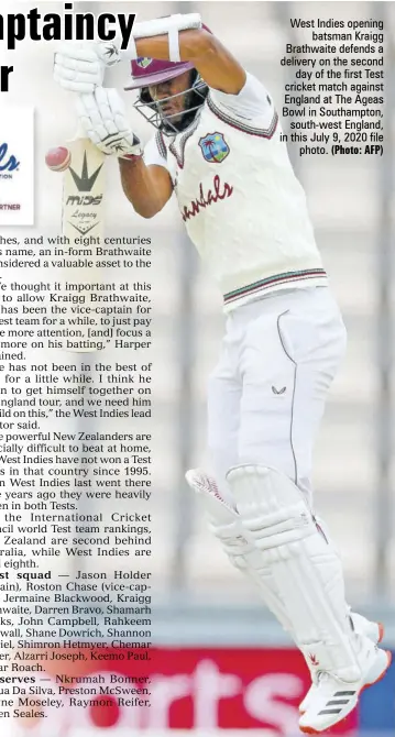  ?? (Photo: AFP) ?? West Indies opening batsman Kraigg Brathwaite defends a delivery on the second day of the first Test cricket match against England at The Ageas Bowl in Southampto­n, south-west England, in this July 9, 2020 file photo.