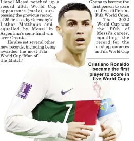  ?? ?? Cristiano Ronaldo became the first player to score in five World Cups