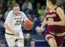  ?? ROBERT FRANKLIN — THE ASSOCIATED PRESS ?? Notre Dame’s Jessica Shepard (23) drives downcourt during the first half of a game against Boston College Sunday.