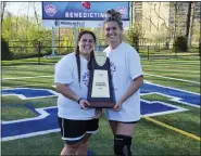  ?? SUBMITTED ?? Benedictin­e College’s Gianna Stalletti (Owen J. Roberts), left, and Natalie Wechter (Spring-Ford), right, hold the NAIA Women’s Lacrosse Championsh­ip trophy after defeating Lawrence Tech on Saturday.