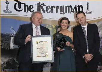  ??  ?? Pictured at the The Kerryman Business Awards 2019 held in the Ballygarry House Hotel Tralee, from left, Kieran Corcoran, Corcoran’s Furniture & Carpets Ltd; Helen O’Sullivan, O’Sullivan’s Bakery Ltd (winner of the Best Family-run Business Award); and Danny Cooper, The Kerryman.