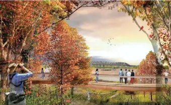  ?? STUDIO GANG AND SCAPE IMAGES ?? The redesigned Tom Lee Park will include gardens at the southernmo­st part of the park, including a raised canopy walk through the natural, wooded landscape.