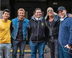  ??  ?? Above, from left: Xolo Maridueña, William Zabka, co-showrunner Jon Hurwitz, Dee Snider and co-showrunner Josh Heald.