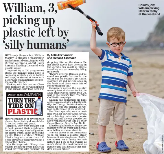  ??  ?? Holiday job: William picking litter in Tenby at the weekend