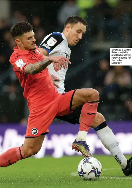  ?? ?? Swansea’s Jamie Paterson (left) and Derby’s Craig Forsyth battle for the ball on Saturday