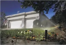  ?? Michael Macor / The Chronicle 2015 ?? Proposed water waste measures say sprinklers like this one watering a Pleasanton lawn can’t be used if they cause runoff.