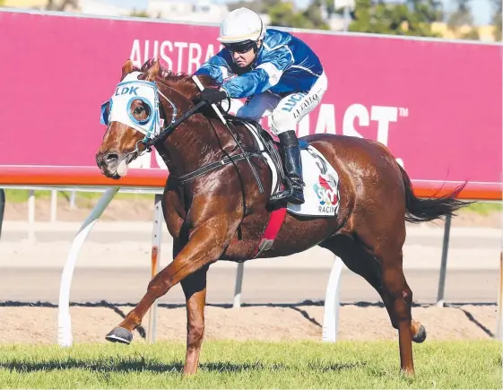  ?? Picture: RICHARD GOSLING ?? The Les Kelly-trained Calligraph­er, with Jason Taylor in the saddle, wins at the Gold Coast.