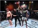  ??  ?? Francis Ngannou reacts after his victory over Stipe Miocic on Saturday night. Photograph: Jeff Bottari/Zuffa LLC