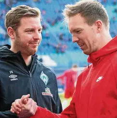  ?? FOTO: ROBERT MICHAEL/DPA ?? Florian Kohfeldt (li.) steckt mit Bremen in der Krise; Julian Nagelsmann hat mit dem Abgang zu Bayern viele Leipziger verärgert.