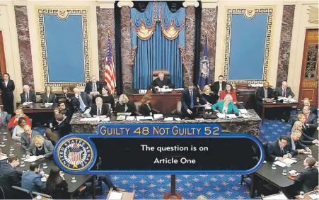  ?? Senate television vía ap ?? El senador Mitt Romney fue el único republican­o en votar a favor de la destitució­n del presidente Trump en el cargo de abuso de poder.