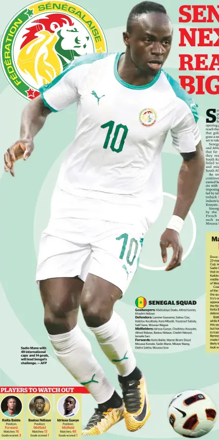  ?? AFP ?? Sadio Mane with 49 internatio­nal caps and 14 goals, will lead Sengal’s challenge. —