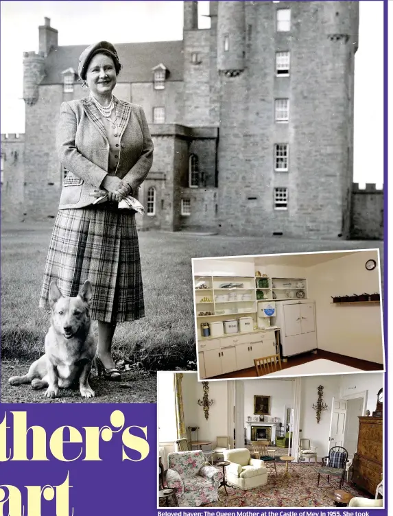  ??  ?? Beloved haven: The Queen Mother at the Castle of Mey in 1955. She took great care over the interiors, including the kitchen and sitting room, inset