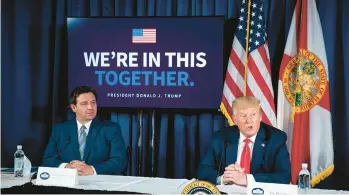  ?? AL DRAGO/THE NEW YORK TIMES 2020 ?? Then-President Donald Trump and Florida Gov. Ron DeSantis participat­e in a discussion in Belleair, Florida. Two years before the 2024 presidenti­al race, DeSantis is ignoring the former president’s insults for now.