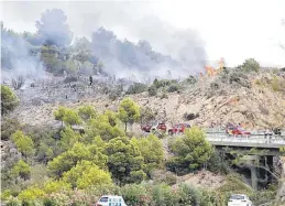  ??  ?? ▶▶ Las llamas del coche se extendiero­n por la cuneta y una montaña anexa.