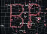  ?? SPOTTER NETWORK ?? GPS coordinate­s on a map in Texas, Oklahoma and Kansas, spell out Bill Paxton’s initials.