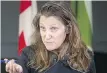  ?? CP ?? Finance Minister Chrystia Freeland responds to questions during a news conference in Boisbriand, Que., on Monday.