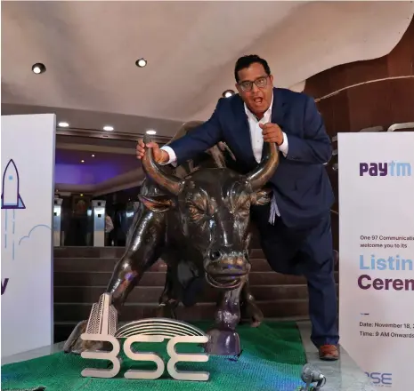  ?? Reuters ?? Paytm chief executive Vijay Shekhar Sharma at the Bombay Stock Exchange after the company’s listing in 2021