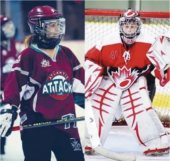  ??  ?? Martine Caissie, de l’Attack de l’Atlantique, a récemment franchi le cap des 250 buts en carrière en ringuette, alors que Jasmine LeBlanc connaît une excellente saison devant le filet du Ice d’Ottawa. - Archives