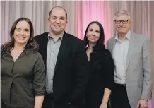  ??  ?? Valerie Pek of Evolve Sponsorshi­p and Engagement, left, with event sponsors Dustin Jones of Canadian Western Bank, Careen Church of Brookfield Residentia­l and Jeff Bowling of Canadian Western Bank.