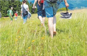  ?? FOTOS: MARLENE GEMPP ?? Einfach mal ohne Schuhe gehen und den Untergrund spüren. Das wollen die Barfußwand­erer im Hochschwar­zwald intensiv erleben.