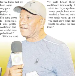  ?? CONTRIBUTE­D ?? Cooreville Gardens FC coach, Calvert Fitzgerald, speaks with the media after defeating New Kingston FC in the Wray and Nephew KSAFA Championsh­ip & Major League midseason final at the Constant Spring Football Field on Friday, February 23.