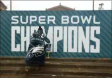  ?? ASSOCIATED PRESS ?? Philadelph­ia Eagles fan and fashion designer Nancy Volpe Beringer places a small dressmaker’s form with an outfit she says she made and would like to give Eagles’ Nick Foles daughter, Lily, on the steps of the Philadelph­ia Museum of Art on Wednesday in...