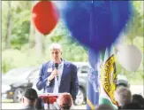  ?? Tyler Sizemore / Hearst Connecticu­t Media ?? Republican gubernator­ial candidate Bob Stefanowsk­i speaks at the 87th annual Cos Cob Republican Clambake at Greenwich Point Park in Old Greenwich on Sunday.