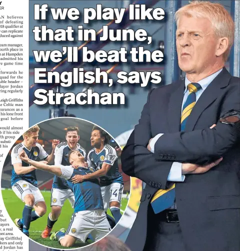  ??  ?? SEEN SOMETHING YOU LIKE? Gordon Strachan says Scotland’s late win, courtesy of Chris Martin (inset), was encouragin­g.
