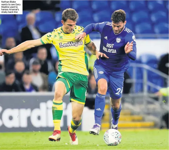  ??  ?? Nathan Blake wants to see Gary Madine used to harass Arsenal’s shaky back line