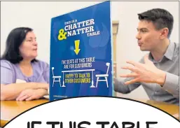  ??  ?? Writer Stevie Gallacher chats with Ann Cameron at cafe’s Chatter and Natter Table