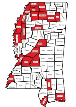  ??  ?? Crape myrtle bark scale has been detected in 22 Mississipp­i counties, as indicated on this map. The Mississipp­i State University Extension Service tracks where this pest has been found. (Illustrati­on by MSU Extension Service)