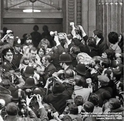  ??  ?? Paul McCartney and Linda Eastman get hitched at Marylebone Registry Office,
London, March 12, 1969.