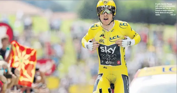  ?? FOTO: AP ?? El galés Geraint Thomas selló ayer en la contrarrel­oj individual del Tour de Francia su mejor actuación hasta ahora en una gran vuelta