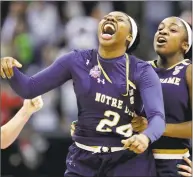  ?? Associated Press file photo ?? UConn will make a trip to face Arike Ogunbowale, left, and defending national champion Notre Dame on Dec. 2.