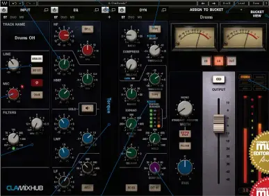  ??  ?? EQ Four bands of glorious SSL-style equalisati­on ANALOG &amp; NOISE Activate these two for authentic analogue vibes MIC GAIN With up to 50dB of Gain, there’s plenty of distortion on tap PLUGIN INSERT Insert a Waves plugin anywhere in the chain EXPANDED VIEW View the Insert plugin, stereo channels and more GATE/EXPANDER Including the Ducker mode and sidechaini­ng COMPRESSOR Call up the SSL original or the 1176-style “Bluey” ASSIGN MENU Assign the channel to one of eight ‘bucket’ groups COMP MIX Blend the dry and wet signals for parallel compressio­n BUCKET VIEW Click to view eight groups of eight channels at once OUTPUT SELECTOR Choose your output channel format