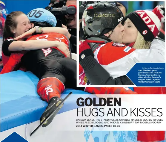  ?? DAMIEN MEYER /AFP-Getty Images ?? Charles Hamelin embraces his girlfriend, Marianne St-Gelais, after winning gold in the men’s short track 1,500-metres event Monday at the Sochi Olympics.