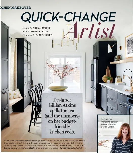  ??  ?? When I saw the dark-stained Ikea Lerhyttan door fronts with their Shaker-style rails, I knew they would contrast nicely with the new blond floors. I keep my everyday dishes in the 24-inch-deep drawers in the island, nearest the dishwasher. Cabinets, Ikea; custom oak bench, Davenport Kitchens; stools, Crate and Barrel; engineered wood floors, PurParket.