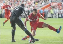  ?? ANDREW LAHODYNSKY­J THE CANADIAN PRESS ?? Toronto’s Justin Morrow scored the winning goal in the 81st minute to push TFC into the last playoff spot in the East.