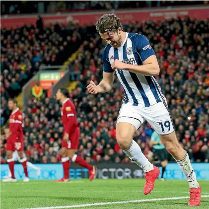  ?? ALEX LIVESEY ?? Jay Rodriguez of West Bromwich Albion celebrates after scoring West Bromwich Albion’s second goal in a 3-2 FA Cup fourth round win over Liverpool at Anfield.