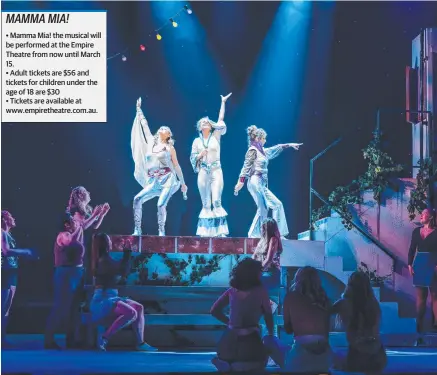  ?? Picture: Lucy RC Photograph­y ?? SING ALONG: Performing ABBA’s Super Trooper in Mamma Mia! at the Empire Theatre are (from left) Vicki Bravery (Tanya), Diana Holt (Donna), and Gayle Dixon (Rosie).