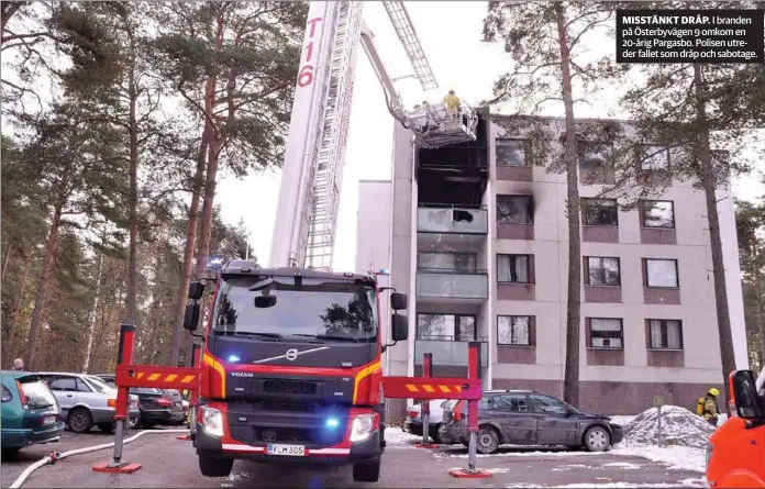  ?? KIM LUND ?? MISSTÄNKT DRÅP. I branden på Österbyväg­en 9 omkom en 20-årig Pargasbo. Polisen utreder fallet som dråp och sabotage.