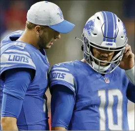  ?? AL GOLDIS — THE ASSOCIATED PRESS ?? Detroit Lions starting quarterbac­k Jared Goff, left, talks with backup David Blough in Friday’s preseason loss to the Indianapol­is Colts. Goff, who was traded to the Lions from the Los Angeles Rams last spring, makes his regular-season debut with Detroit Sept. 12.