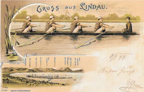  ?? FOTOS: SAMMLUNG KARL DIETLEIN ?? Rudern im Ringelshir­t: Diese alte Ansichtska­rte ist laut Poststempe­l im Jahr 1897 verschickt worden.