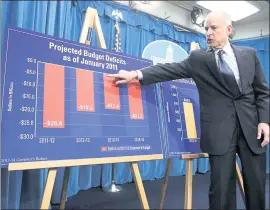  ?? AP FILE PHOTO ?? Gov. Jerry Brown points to 2012-13 on a chart showing the projected state budget deficits when he took office in 2011 as he unveiled his spending plan in Sacramento that year.