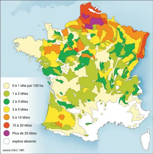  ??  ?? Estimation du nombre de chevreuils aux 100 hectares boisés il y a 40 ans. Impression­nante inégalité de la répartitio­n de l’espèce. Elle est même absente de régions entières. Chose inimaginab­le aujourd’hui.