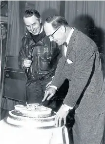  ?? Mortons’ Motorcycle Archive photo. ?? After all the bad publicity about the ‘ton-up’ riders in the late 1950s, biker priest the Rev Bill Shergold opened up the 59 Club to London’s Rockers. Here, Harry Louis, a well-remembered editor of The Motor Cycle, cuts a 59 Club birthday cake with the appropriat­ely-clad Father Bill.