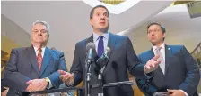  ?? SUSAN WALSH/ASSOCIATED PRESS ?? Rep. Devin Nunes, R-Calif., center, speaks on Capitol Hill on Tuesday, with Rep. Peter King, R-N.Y., left, and Rep. Ron DeSantis, R-Fla., right. Two panels will study a Russian company’s purchase in the U.S.