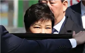  ??  ?? SOUTH KOREA’S ousted President Park Geun-Hye leaves for a hearing, to decide whether she should be arrested over the corruption and abuse of power scandal that brought her down, in Seoul on March 30.